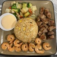 Steak and Shrimp Combination · Beef steak and shell fish.