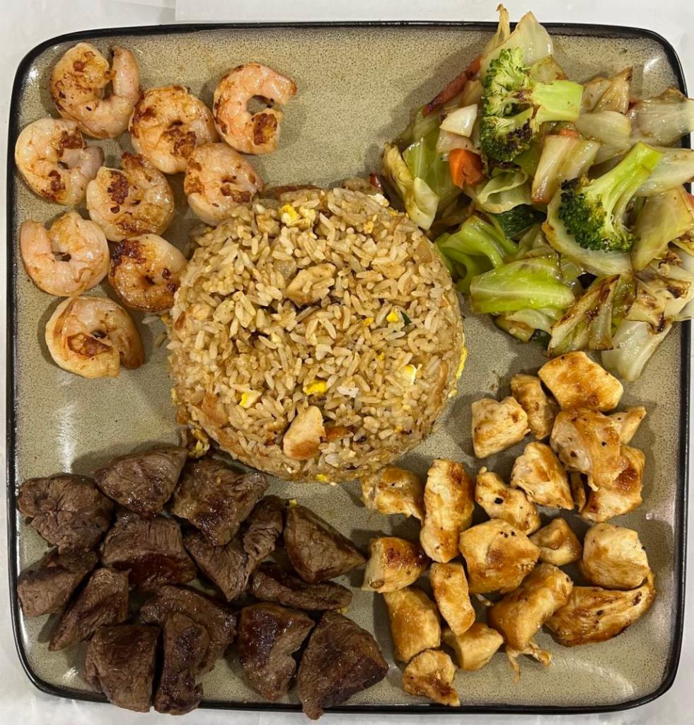 Filet Mignon, Chicken, and Shrimp Trio · Boneless sliced meat, poultry, and shell fish.