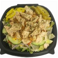 Grilled Chicken Salad · Grilled chicken, lettuce, tomato, onion, cucumber, banana peppers, pickles,  shredded cheese.