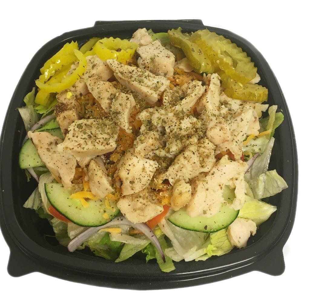 Grilled Chicken Salad · Grilled chicken, lettuce, tomato, onion, cucumber, banana peppers, pickles,  shredded cheese.