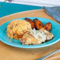 Pollo Encebollado Combo · Baked chicken and sauteed onions, Choice of rice; arroz con gandules or arroz con habichuela...