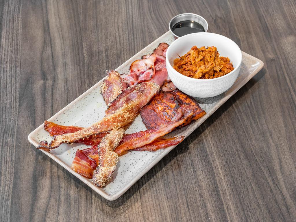 When Pigs Fly · A flight sampling each of our bacons braised pork belly, candied bacon, corn cob smoked, pecan wood smoked shoulder bacon, bbq pulled bacon.. Gluten free.