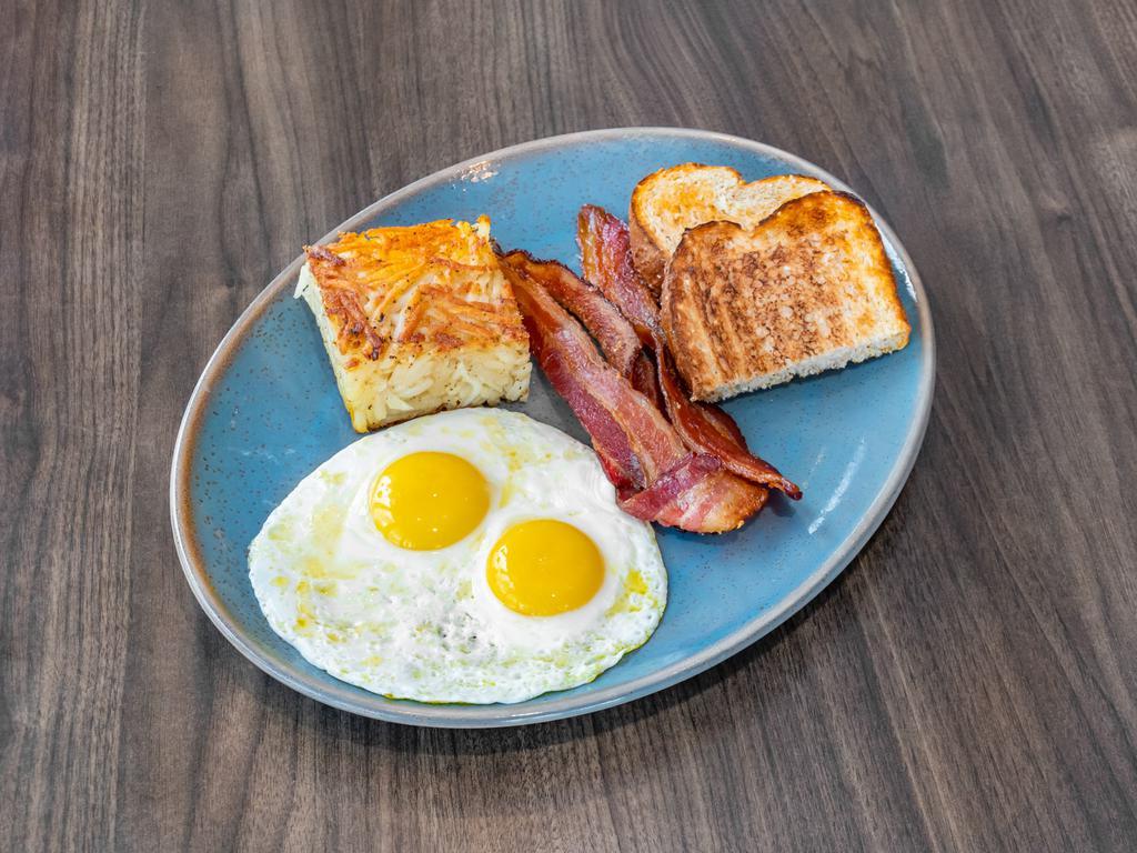 The Early Bird · 2 eggs to cooked to order, hash browns, choice of breakfast meat and toast. Add an egg for an additional charges.  Gluten free.