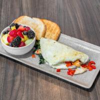 Red Rooster Omelette · Egg whites, chicken, red pepper and Spinach. Served with fruit and toast.  Gluten free.