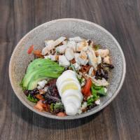 Cobb Salad · Mixed greens, chicken, bacon, tomatoes, boiled egg, avocado and blue cheese. Gluten Free.