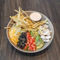 Southwest Salad · Mixed greens with house black beans, sliced avocado, cheddar cheese blend, diced tomatoes, c...