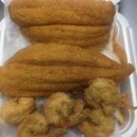 2 Pieces Fish and 5 Large Shrimp · Includes french fries and coleslaw.