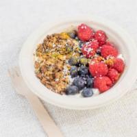 Yogurt & Seedy Granola Bowl · Seedy granola, seasonal fruit, maple syrup, chia seeds, hemp seeds. Substitute yogurt for ch...
