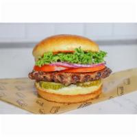 Hamburger · 1/3 lb All-Natural beef, ketchup, mayo, pickle, red onion, tomato, and lettuce on a brioche ...