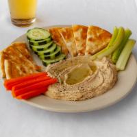 Hummus · Homemade topped with a lemon pepper garlic sauce. Served with fresh vegetables and pita brea...