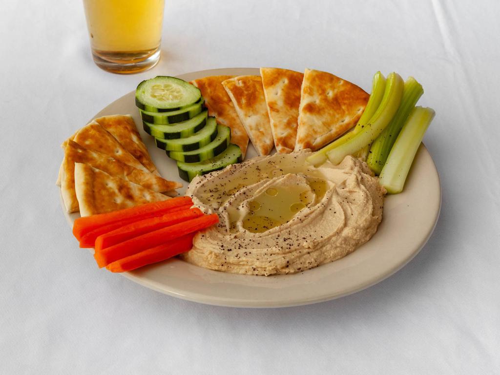 Hummus · Homemade topped with a lemon pepper garlic sauce. Served with fresh vegetables and pita bread. 