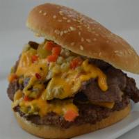 Al Capone Burger · Homemade burger top with Italian beef meat nacho cheese and hot or mild peppers, only if you...
