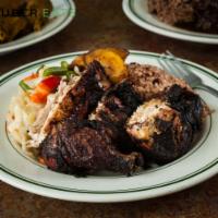 Jerk Chicken Full Meal · Unless you select otherwise meal includes Rice and Peas, Steam Cabbage and Plantains (3 piec...