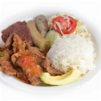 Bistec · Beef serve with onion, rice, beans, cheese, avocado, and boiled plantain.