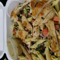 Greek Penne Pasta Salad with Chicken · Penne pasta, diced tomatoes, spinach, cucumbers, Kalamata olives, red onions, feta cheese, c...