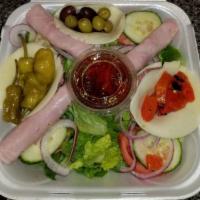 Antipasto Salad · Romaine, mixed greens, tomato wedges, roasted red peppers, black and green olives, cucumbers...