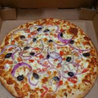 Mediterranean Pizza · No sauce. Mozzarella cheese, diced tomatoes, Kalamata olives, fresh garlic, Gorgonzola chees...