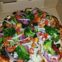 Vegetarian Pizza · Pizza sauce, spinach, mushrooms, red and green peppers, black olives, red onions and mozzare...