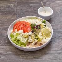 Greek Salad · Fresh lettuce, fresh mushrooms, tomatoes, green bell peppers, olives and red onions. Topped ...