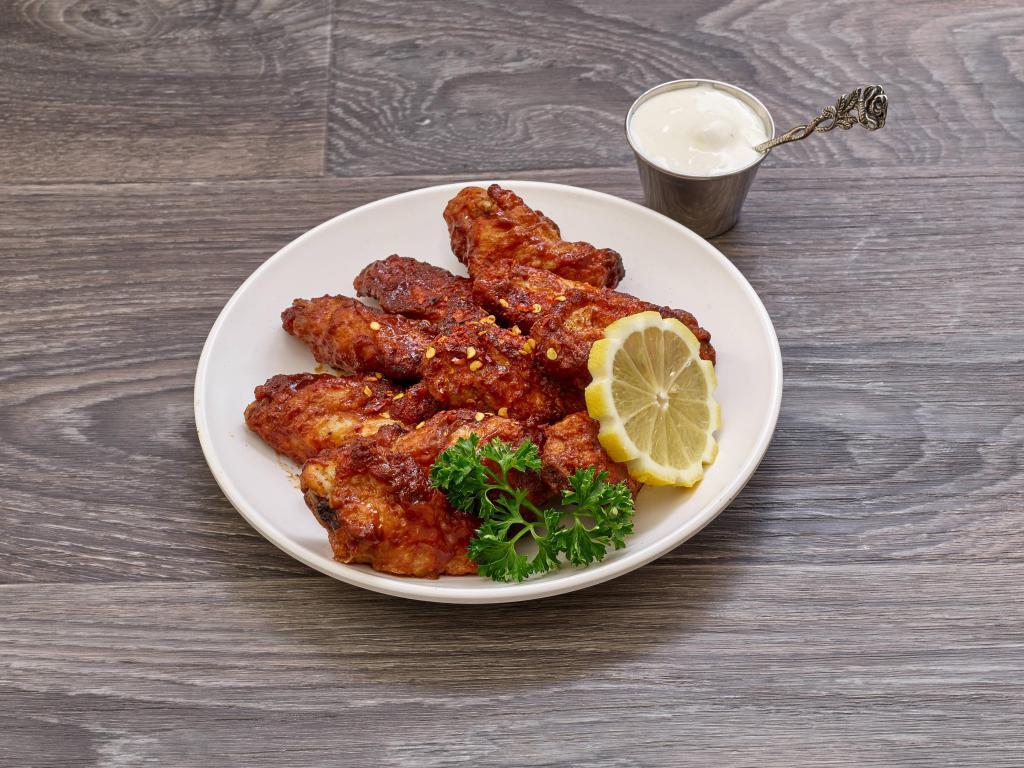 8 Piece Buffalo Wings · Spicy, BBQ or sesame teriyaki chicken wings and served with ranch dressing.