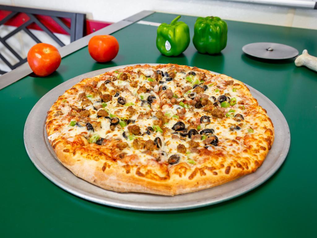Johnny's Combo Pizza · Pepperoni, Canadian bacon, olives, mushrooms, onions, green peppers, beef, sausage, extra cheese.
