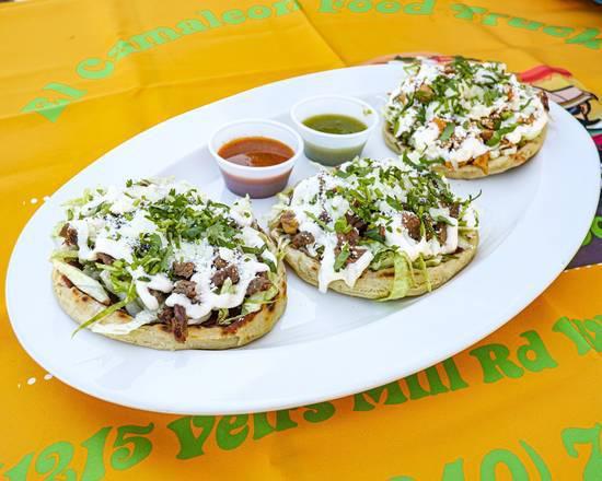 Sopes · Each. Small handmade thick tortilla with meat of your choice. Topped with onion, cilantro, cream, cheese, and hot sauce to taste.