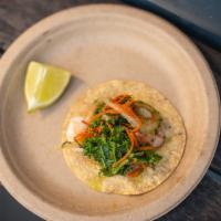 3 Pieces Baja Style Taco · Fresh shrimp (boiled), with carrots, cabbage, onions and Mexican pesto.