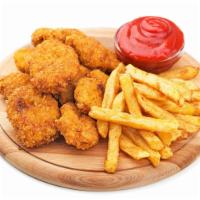 Chicken Nuggets · 8 pieces. Served with french fries and honey mustard, honey BBQ or BBQ sauce.