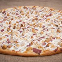 Chicken Ranch Pizza · Ranch dressing, bacon, grilled chicken breast and our mozzarella blend.