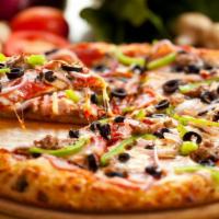 Mediterranean Pizza · Fresh spinach, feta cheese, our mozzarella blend, fresh tomatoes, onions, olives, fresh garl...