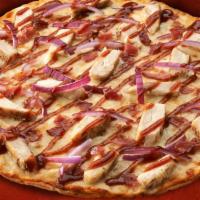 BBQ Grilled Chicken Pizza · Fresh sliced tomatoes, red onion, BBQ grilled chicken, BBQ sauce and our double cheese blend.