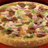 Steak on Pizza · Blend mozzarella cheese with Philly beef steak, onions, green peppers, mushrooms and double ...