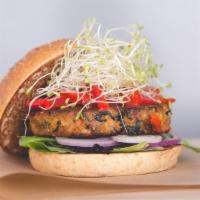 Sprouted Veggie Burger · House-made vegan veggie, organic mixed greens, red onions, roasted red peppers, alfalfa spro...