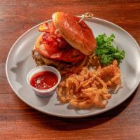 Bacon BBQ Burger · All natural beef, cheddar, Applewood smoked bacon, tomatoes, fried onion strings, hickory BB...
