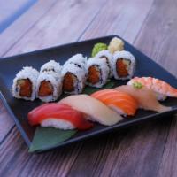Sushi and Spicy Tuna Roll  · 5 pieces sushi (tuna, salmon, yellowtail, albacore, shrimp), 8 pieces spicy tuna roll.