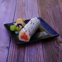 Spicy Salmon Hand Roll · Spicy salmon wrapped in soy paper.