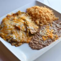 Mexican Chilaquiles · Fried tortilla chips w/ our ranchero sauce topped w. melted cheese, served with rice and beans