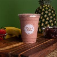 Hot Cacao Smoothie · Almond milk, strawberry, cheery, banana, raw cacao, almond butter, agave and cayenne.
