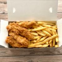 Chicken Tenders with Fries · 3 piece chicken tenders prepared from chicken tenderloin with your choice of 2 dipping sauce...