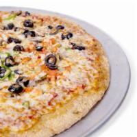 Large Heavy Veggie Pizza · Mushroom, green pepper, black olive, Roma tomatoes, red onions, extra cheese, and red sauce.