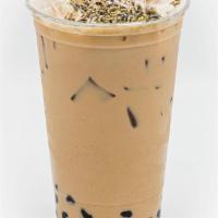 Lavender Black Milk Tea · Black lavender tea blend with non dairy milk. Served over brown sugar boba and topped with l...