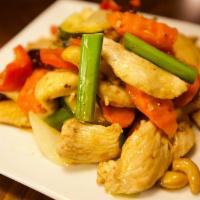 Cashew Nut Stir-Fried · Stir-Fried with bell pepper, onions, green onions, carrots, zucchini and cashew nuts. Vegeta...