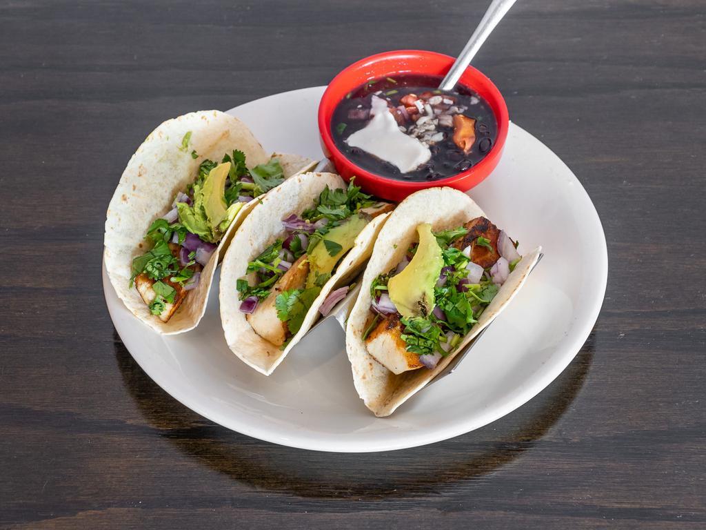 3 Mahi Mahi Taco · Grilled or fried tacos with cilantro, onions, avocado and salsa verde. Served with black beans. Includes choice of flour, corn or wheat tortillas.
