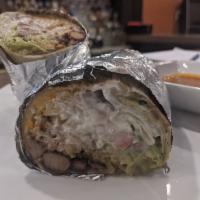 Marinated Pork Burrito · A flour tortilla stuffed with lettuce, beans, jalapenos, rice, Monterrey cheese, guacamole, ...