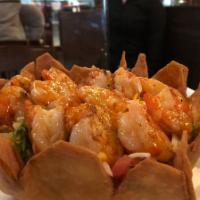 Shrimp Taco Salad · A large deep-fried flour tortilla stuffed with lettuce, red onions, pico de gallo, guacamole...