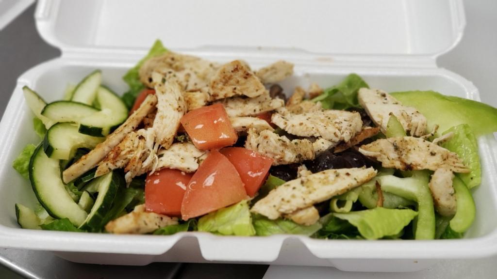 Grilled Chicken Salad · Romaine lettuce with grilled chicken, bell peppers, olives, tomatoes and cucumber