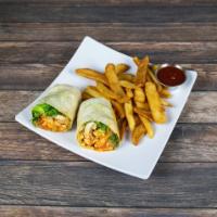 Buffalo Chicken Wrap · Grilled chicken, lettuce, tomato, cheddar-Jack, Buffalo sauce, white wrap and blue cheese si...