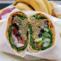 Vegan Wrap · Veggie patty, tomato, bell pepper and onion, tossed with fresh baby spinach. A spread of roa...