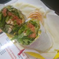 Spicy chicken wrap · chopped chicken breast, chilli powder, lettuce, tomato, bell pepper and cheddar cheese. serv...