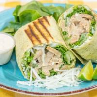 Vegan Chicken(NOT!) caesar wrap · soy curls covered in our home made caesar sauce, romaine lettuce, vegan mozarella style chee...